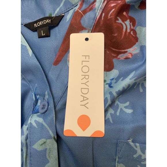 FloryDay Women’s Large Floral Print  Long Sleeve Button-Up Blue  Shirt - Picture 8 of 12